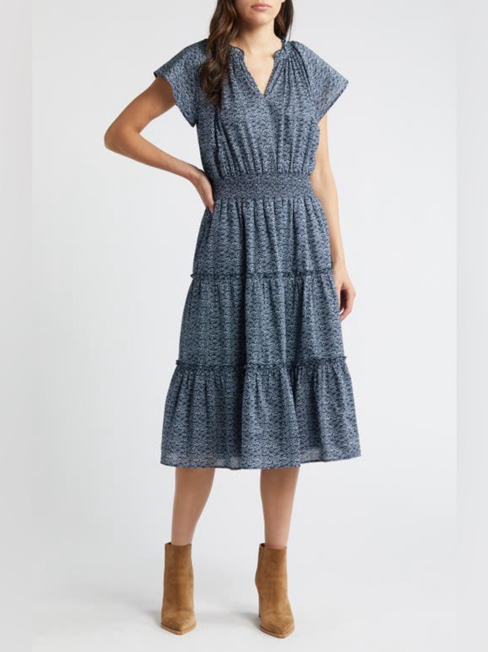 Rails Amelia Printed Tiered Cotton Midi Dress in Midnight Dahlia, Size S